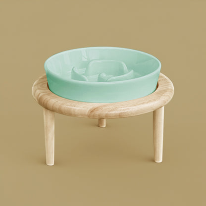 Slow Feeder Ceramic Pet Bowl with Wooden Stand