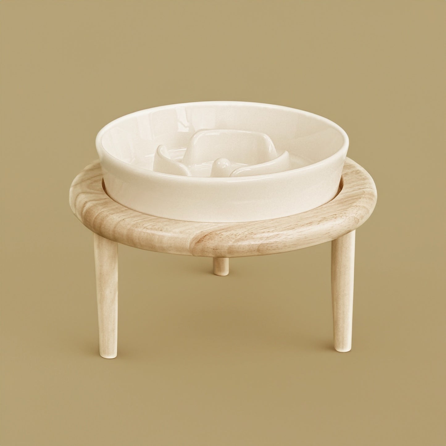 Slow Feeder Ceramic Pet Bowl with Wooden Stand